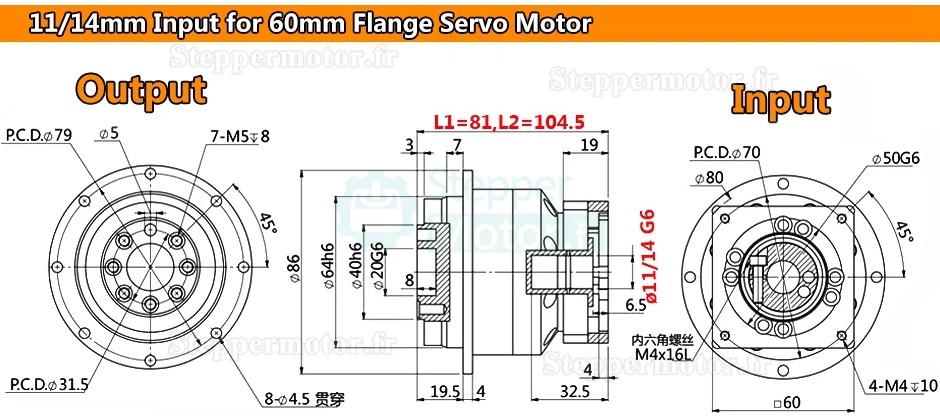 Réducteur planétaire hélicoïdal série PLX060 pour moteur pas à pas Nema23 / servomoteur Nema24